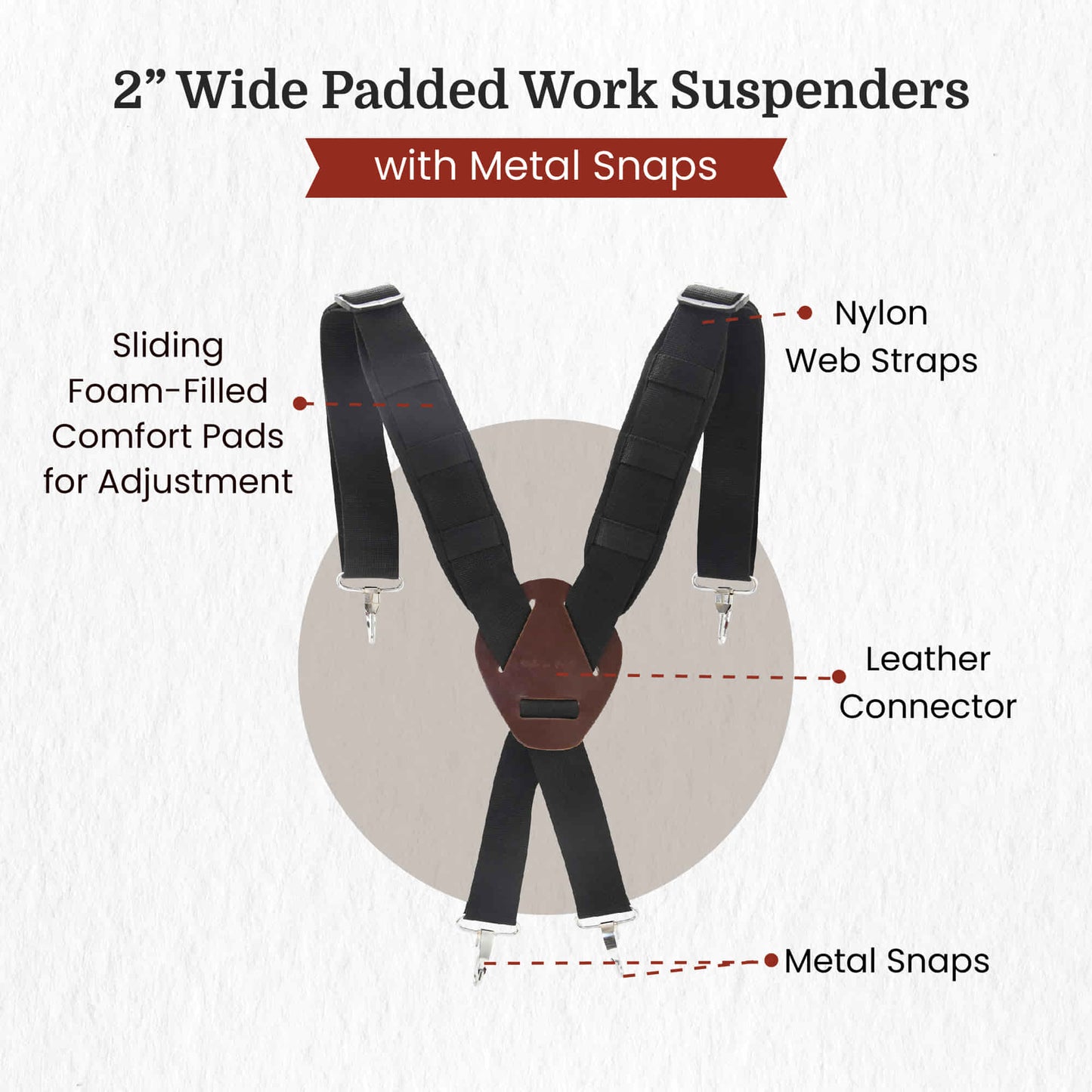 Style n Craft 95014 - 2 Inch Wide Padded Work Suspenders with Metal Snaps & the Slide-Through Pads - Outside View Showing the Details