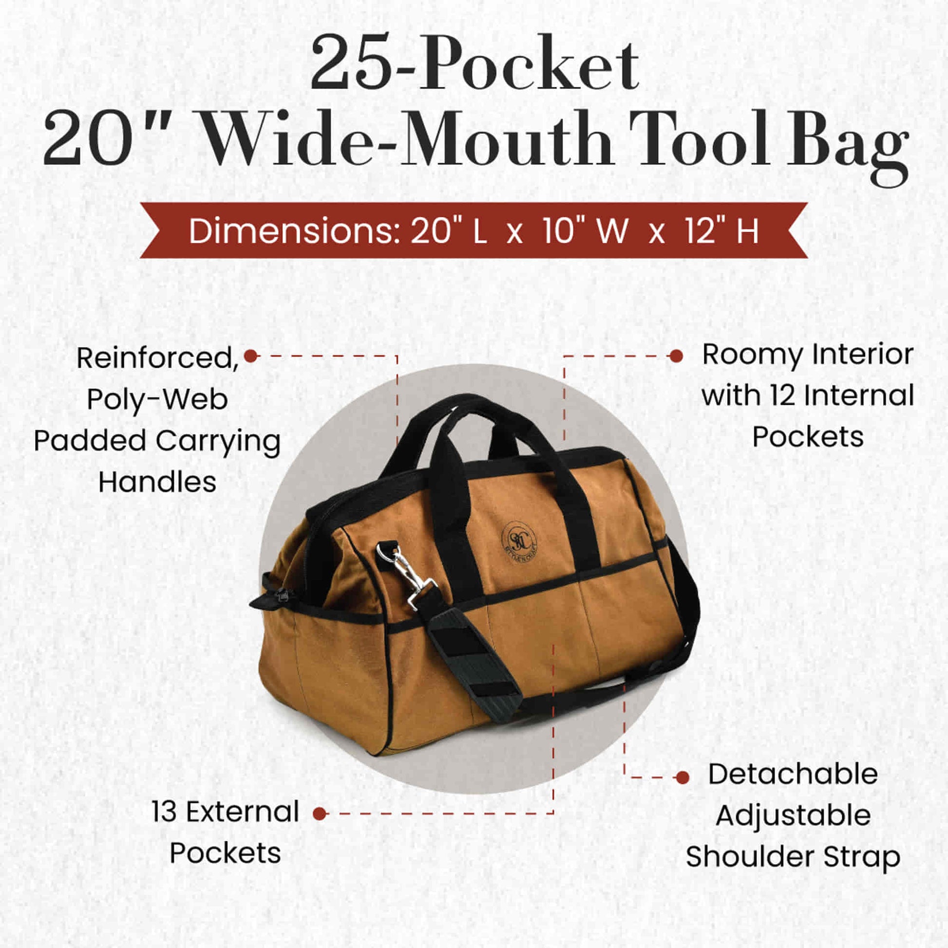 Style n Craft 97012 - 25 Pocket 20 Inch Wide Mouth Tool Bag in Brown Waterproof Canvas with Black Binding - Front Angled View Showing the Details - External Front & Side Pockets, Padded Shoulder Strap, Carry Handles