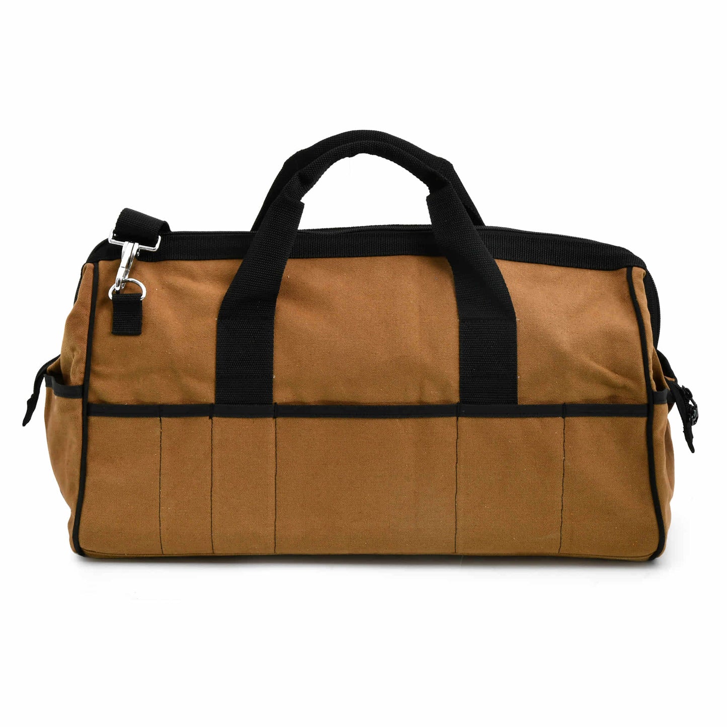Style n Craft 97012 - 25 Pocket 20 Inch Wide Mouth Tool Bag in Brown Waterproof Canvas with Black Binding - Back View Showing the External Pockets 