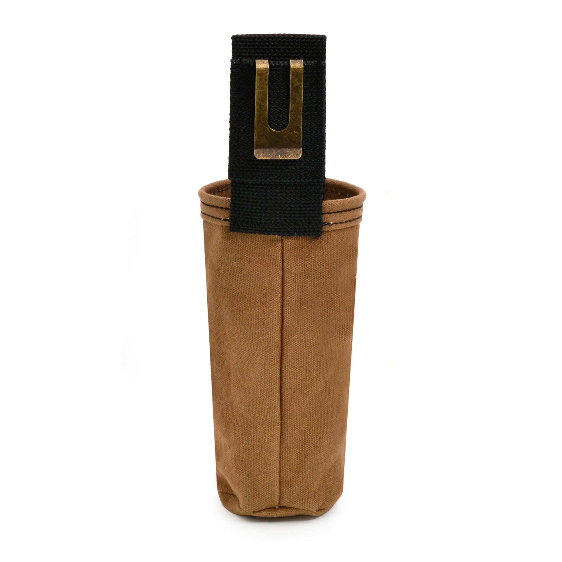 Style n Craft 97022 - Spray Paint Can Holder in Heavy Duty Brown Waterproof Canvas - back view showing the metal clip for belt attachment