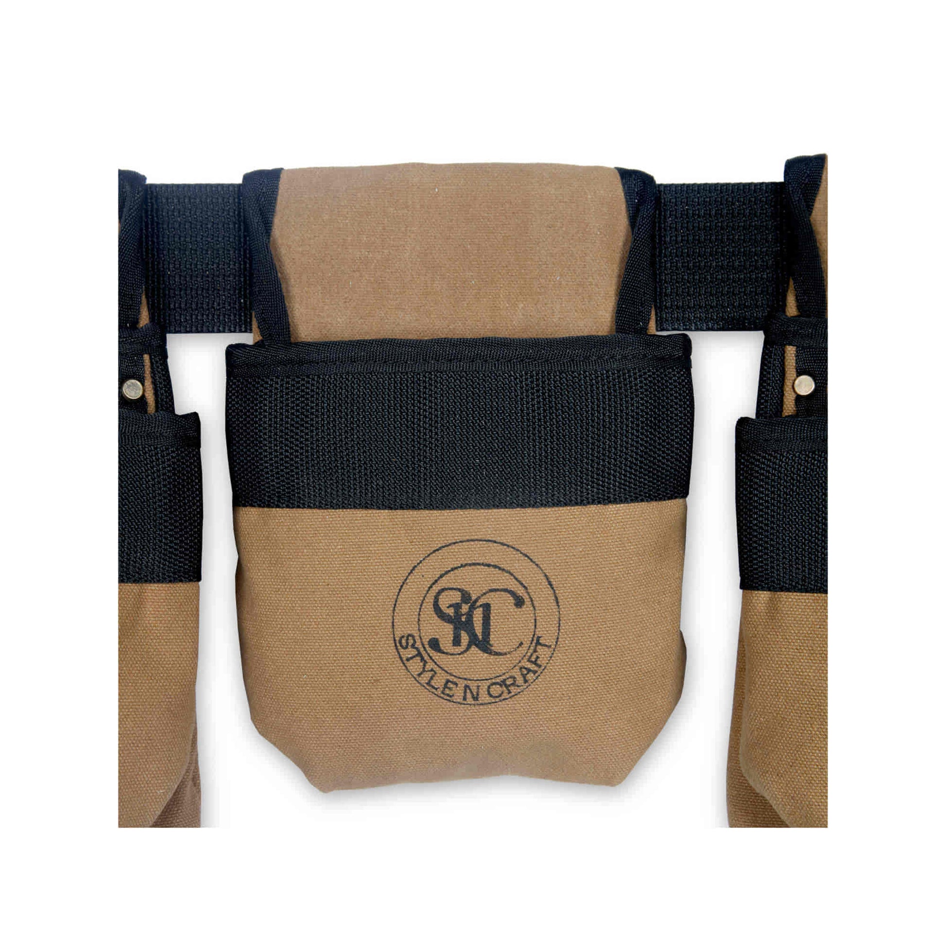 Style n Craft 97425 - 4 Piece 12 Pocket Carpenter's Tool Belt Combo in Brown Waterproof Canvas - Center Pocket - Front View
