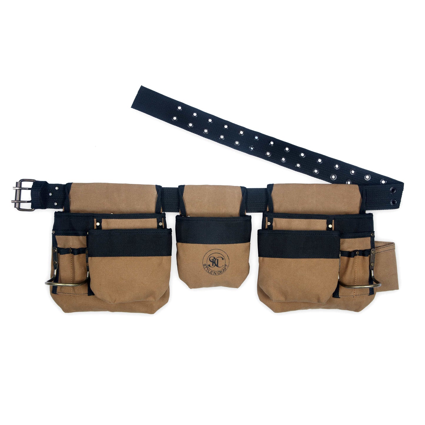Style n Craft 97425 - 4 Piece 12 Pocket Carpenter's Tool Belt Combo in Brown Waterproof Canvas - Front View