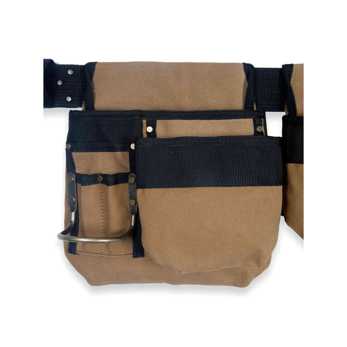 Style n Craft 97425 - 4 Piece 12 Pocket Carpenter's Tool Belt Combo in Brown Waterproof Canvas - Left Side Pouch - Front View