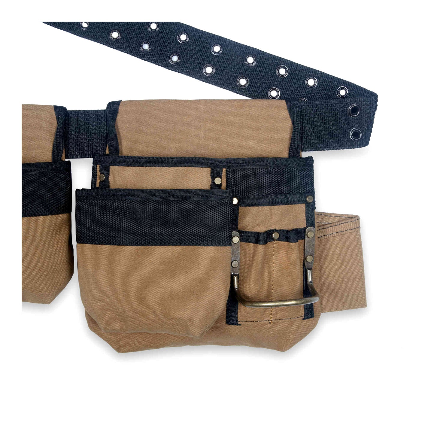 Style n Craft 97425 - 4 Piece 12 Pocket Carpenter's Tool Belt Combo in Brown Waterproof Canvas - Right Side Pouch showing the Pry Bar Holder - Front View