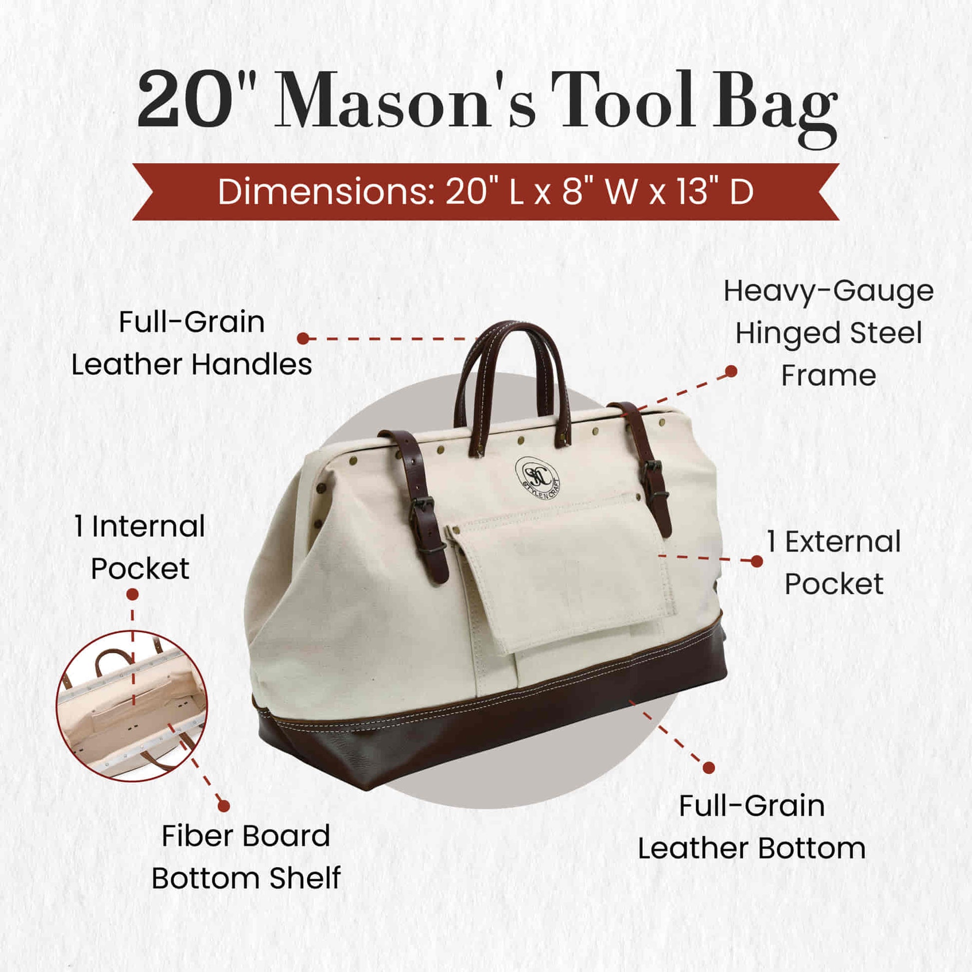Style n Craft 97517 - 20 Inch Mason's Tool Bag in White Canvas and Dark Tan Full Grain Leather Combination - Front View Showing the details