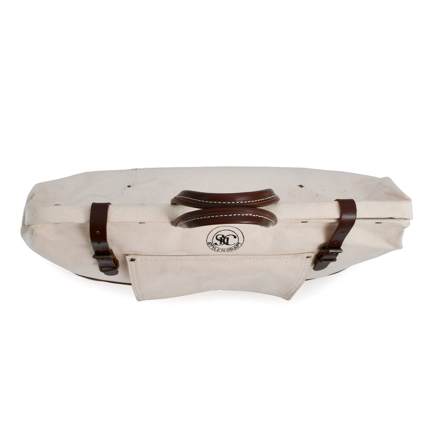 Style n Craft 97517 - 20 Inch Mason's Tool Bag in White Canvas and Dark Tan Full Grain Leather Combination - Top View Showing the Handles & the Leather Closure Straps