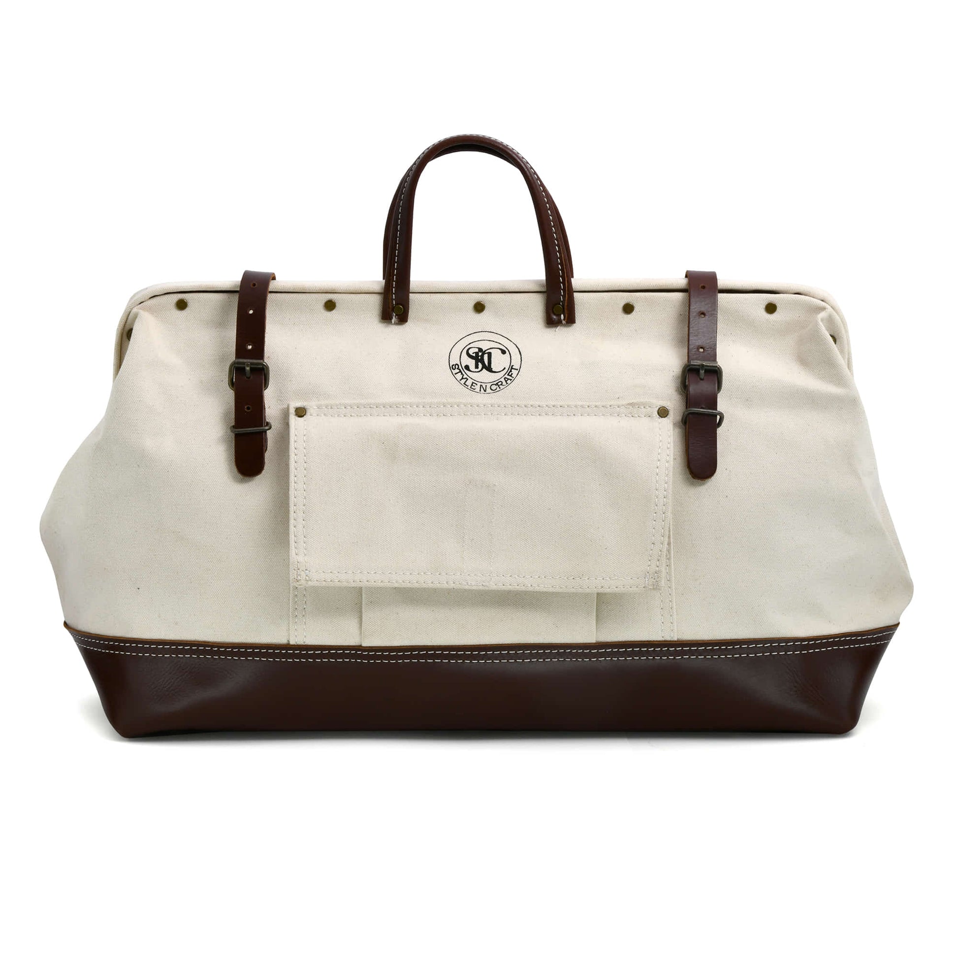 Style n Craft 97517 - 20 Inch Mason's Tool Bag in White Canvas and Dark Tan Full Grain Leather Combination - Front - Straight Closed View Showing the Handles, Leather Closure Straps & the Outside Front Pocket