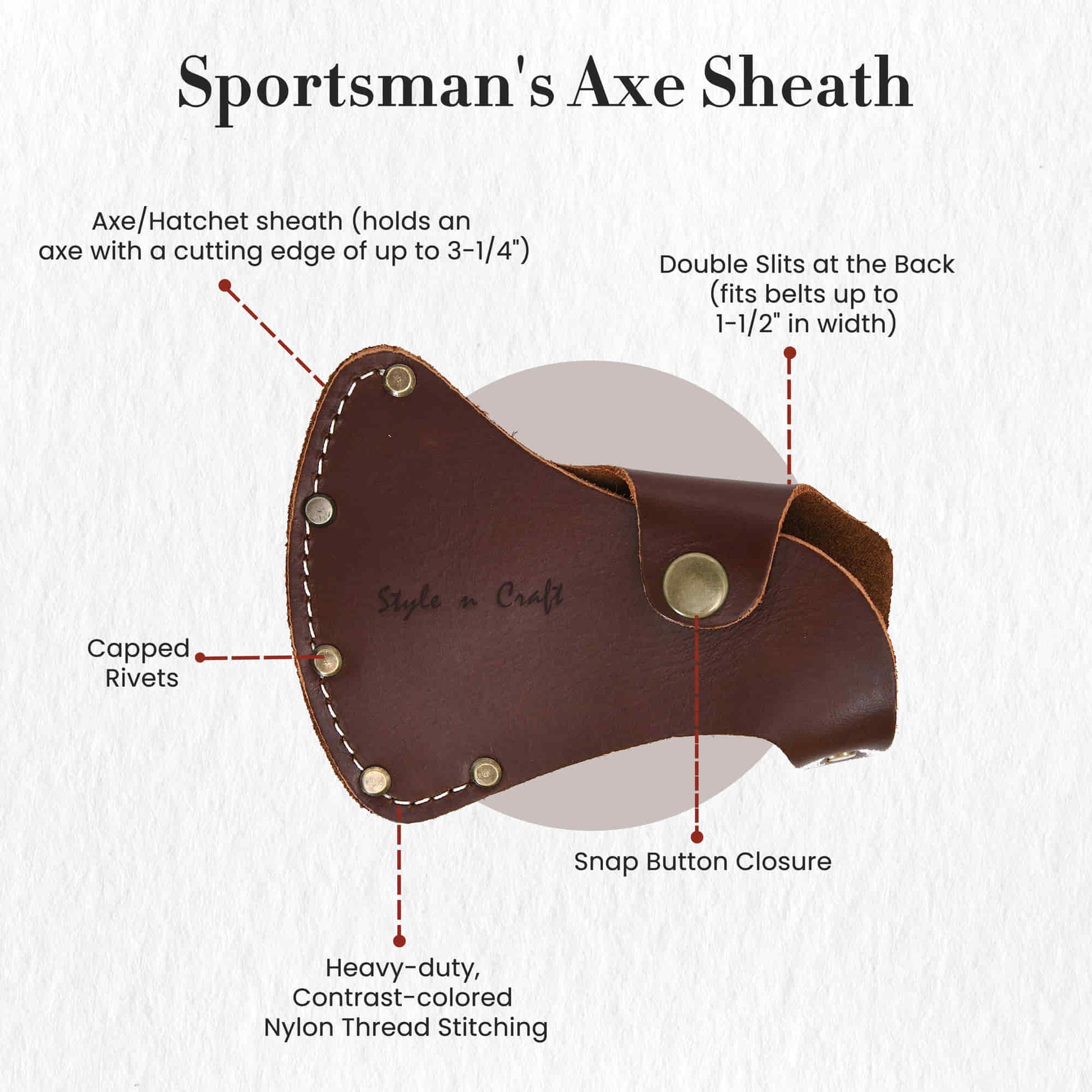 Style n Craft 98026 - Sportsman's Axe Sheath / Axe Cover in Heavy Full Grain Leather in Dark Tan Color - Front View Showing the Details