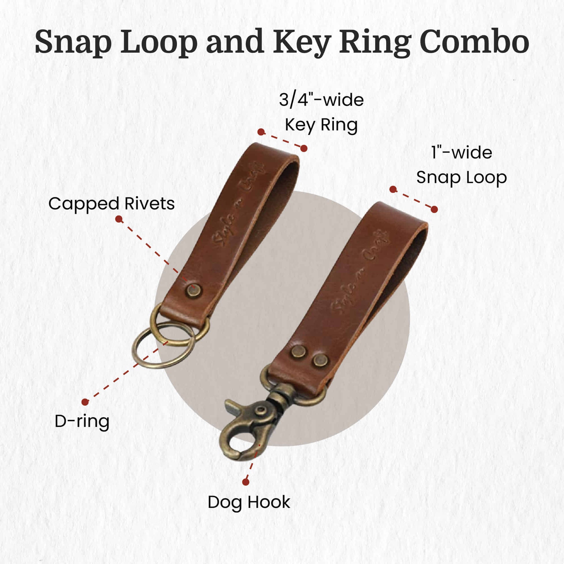Style n Craft 98203 - Snap Loop & Key Ring Combination in Heavy Top Grain Leather in Dark Tan Color. Both Can Easily Slide on a 2 Inch Wide Belt. Front Angled View Showing the Details.