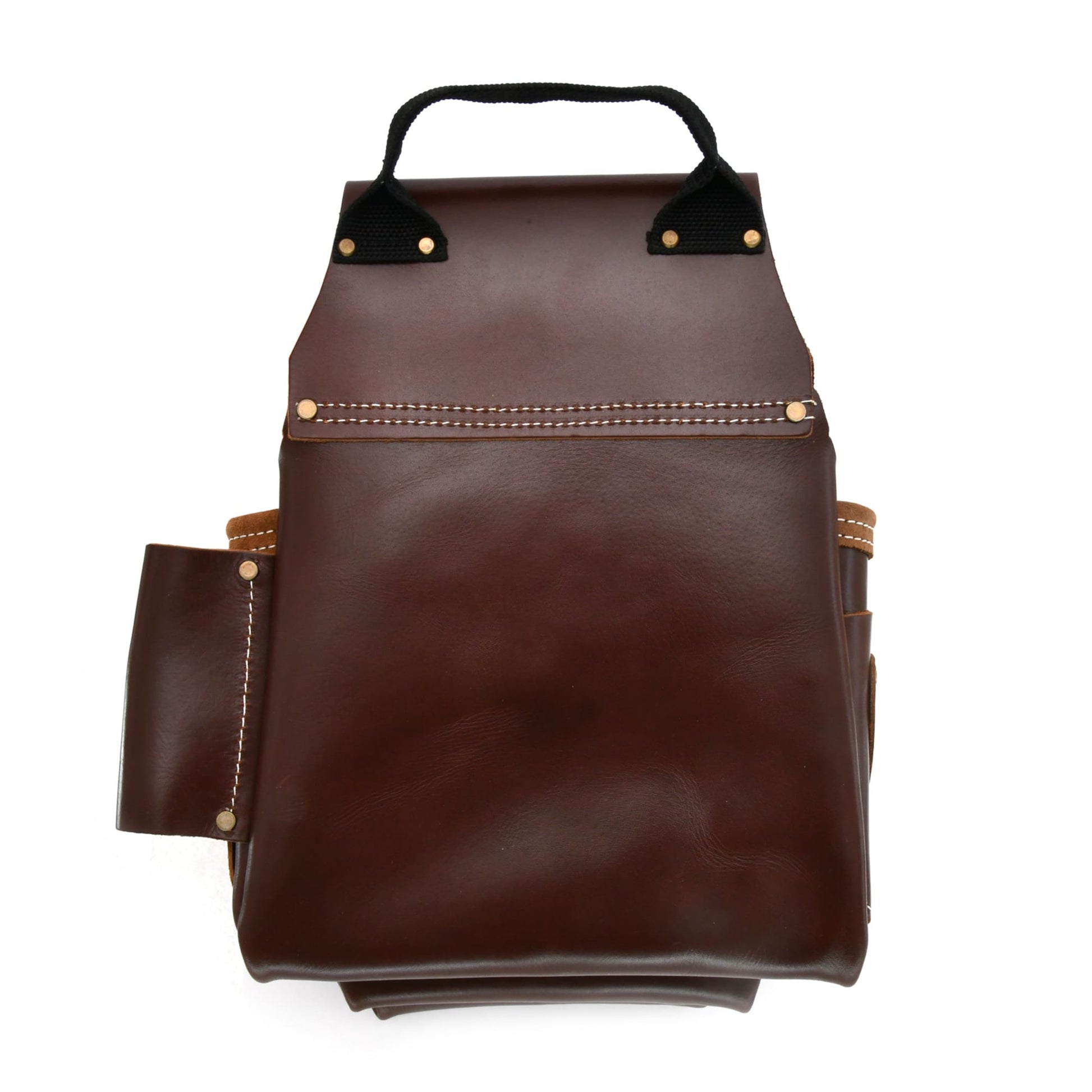 Style n Craft 98446 - 9 Pocket Framer's Nail & Tool Pouch in Full Grain Leather in Dark Tan Color - Back view showing the easy carry handle on the top of the pouch
