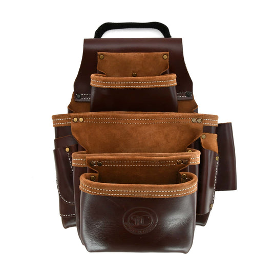 Style n Craft 98446 - 9 Pocket Framer's Nail & Tool Pouch in Full Grain Leather in Dark Tan Color - Front view showing the front pockets, pencil pockets, prybar & combination square holder along with a smaller top pocket and easy carry handle on the top of the pouch