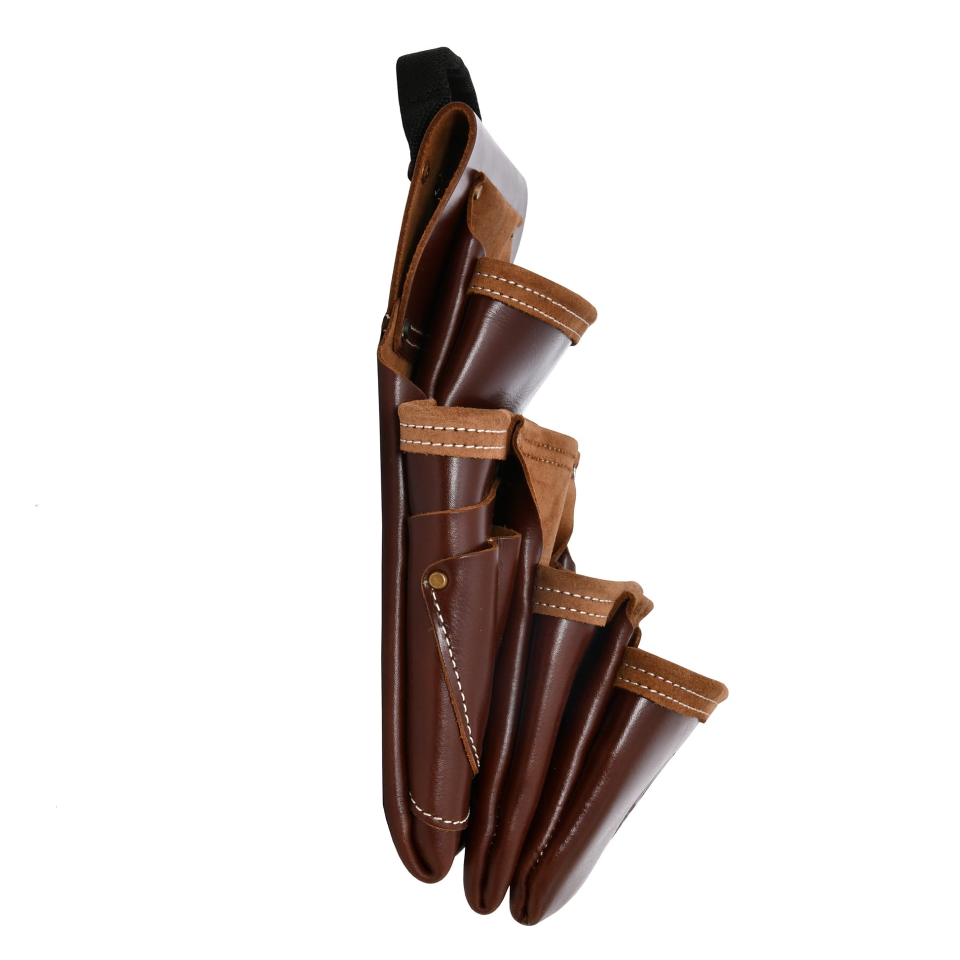Style n Craft 98446 - 9 Pocket Framer's Nail & Tool Pouch in Full Grain Leather in Dark Tan Color - Left Side view showing the side view of the pockets, pencil pockets, tunnel loop for the belt along with a smaller top pocket and easy carry handle on the top of the pouch