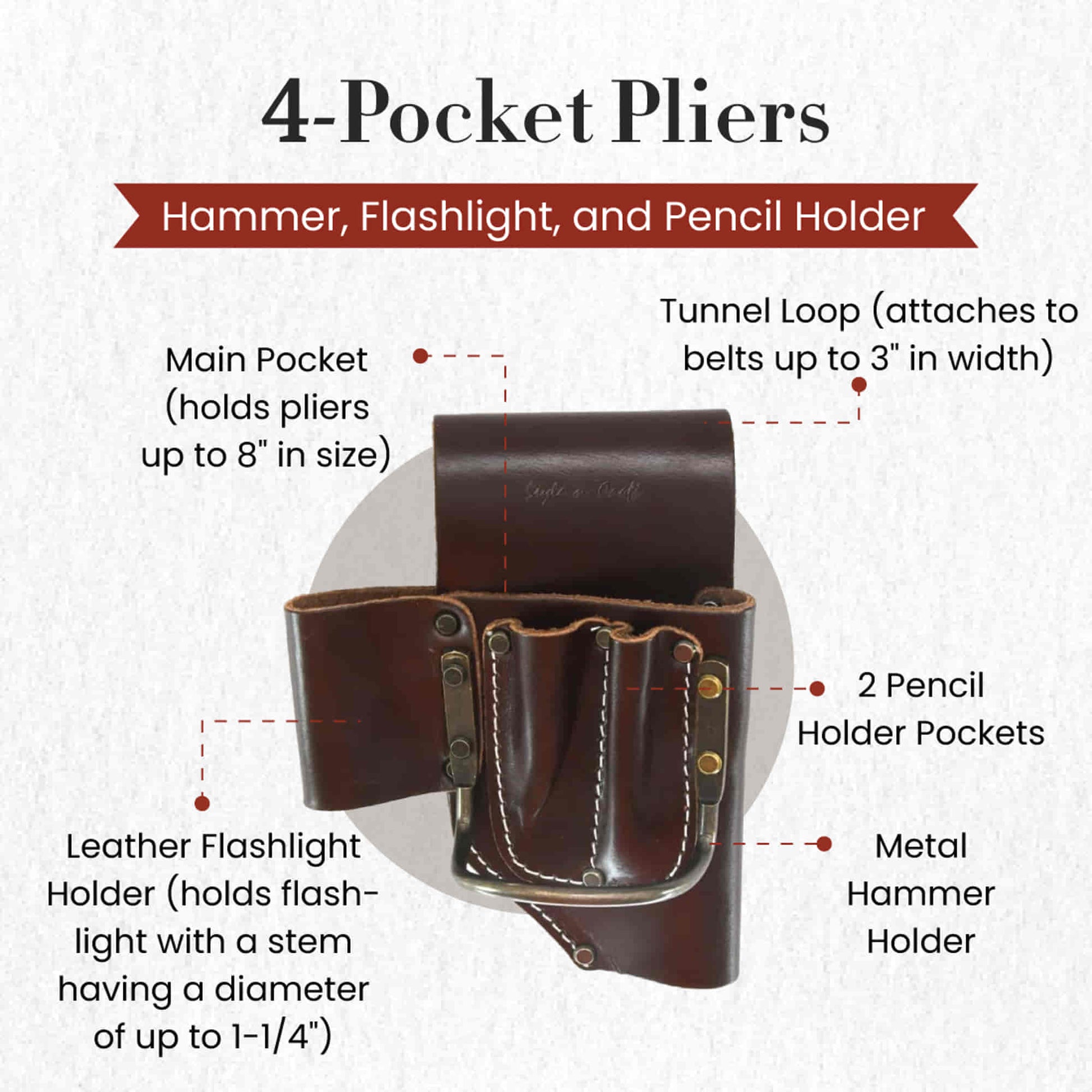 Style n Craft's 98460 - 4 Pocket Pliers, hammer, Flashlight & Pencil Holder in Heavy Dark Tan Full Grain Leather with a Tunnel Loop that fits a belt up to 3 inches wide - Front View Showing the Details