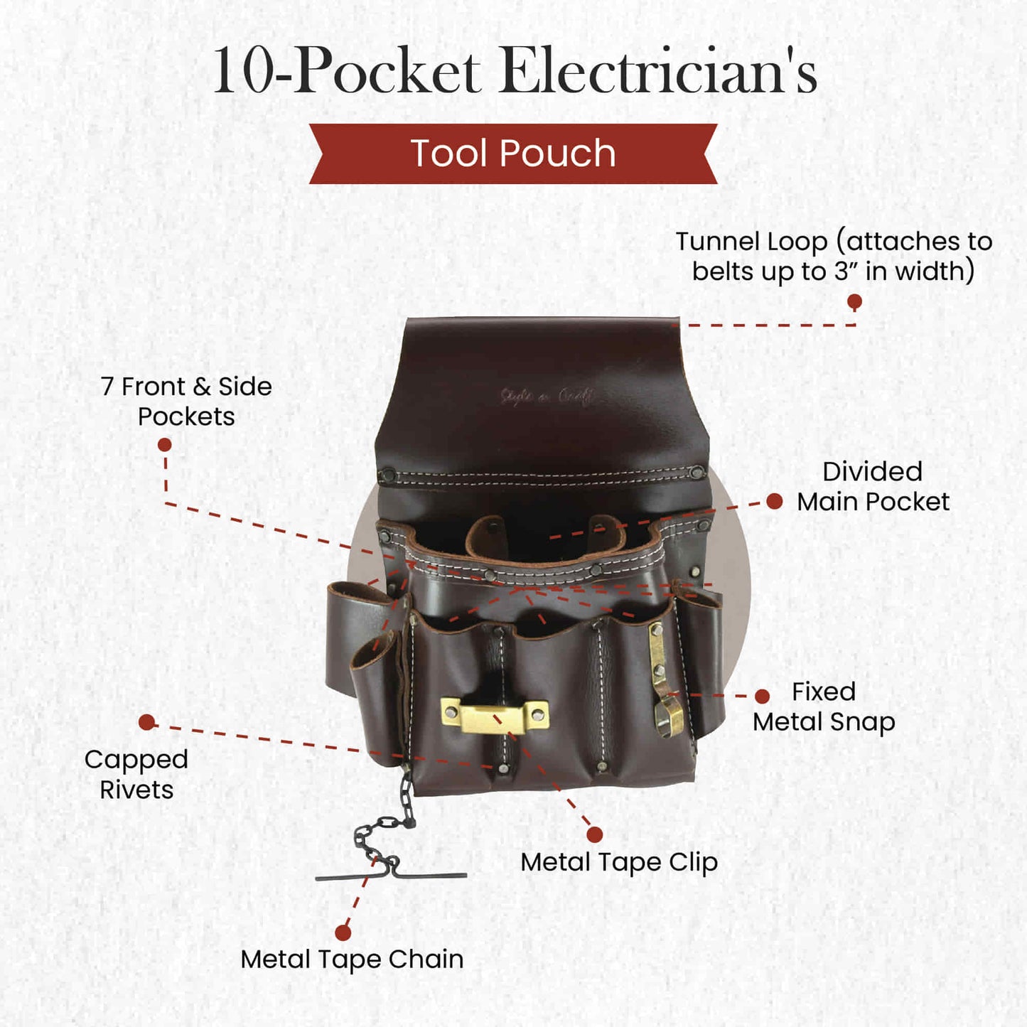 Style n Craft 98465 - 10 Pocket Electrician's Tool Pouch in Dark Tan Top Grain Leather with Metal Tape Clip, Metal Snap & Metal Tape Chain - Front View Showing the Details