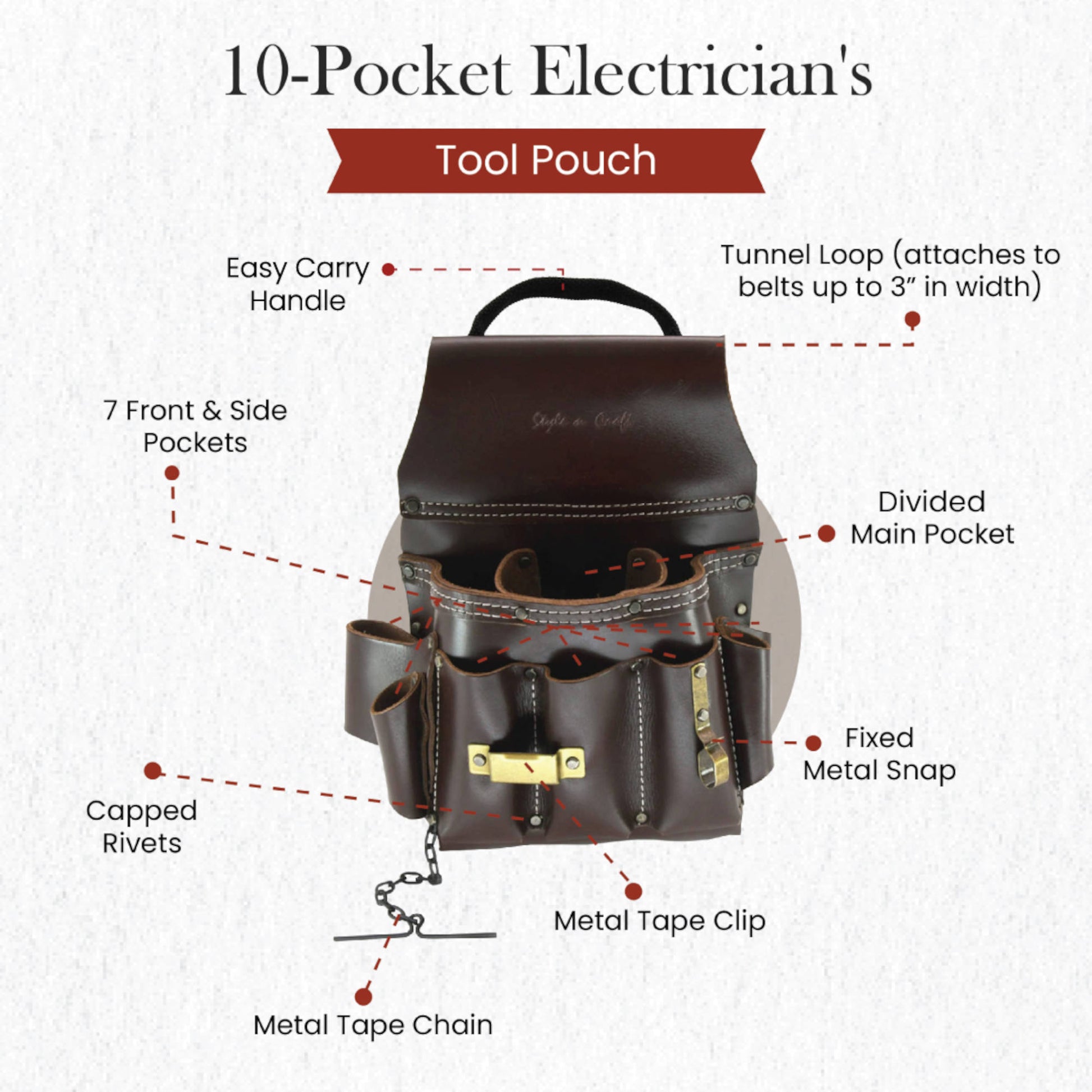 Style n Craft 98465 - 10 Pocket Electrician's Tool Pouch in Dark Tan Full Grain Leather with Metal Tape Clip, Metal Snap, Metal Tape Chain & Easy Carry Handle - Front View Showing the Details