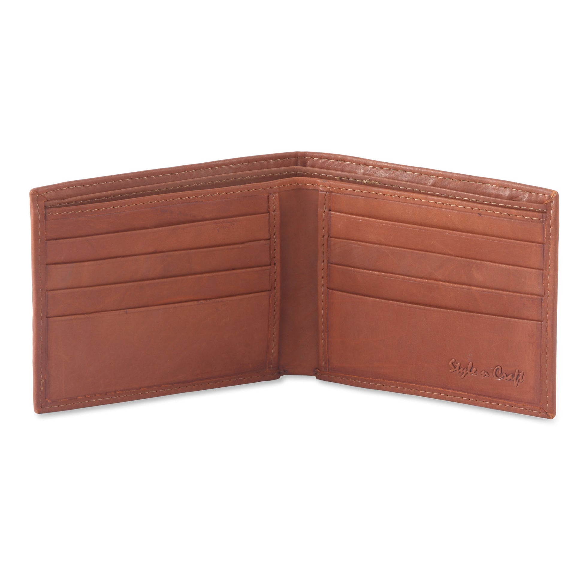 Style n Craft 200160 - slim bifold wallet in tan color leather - open view