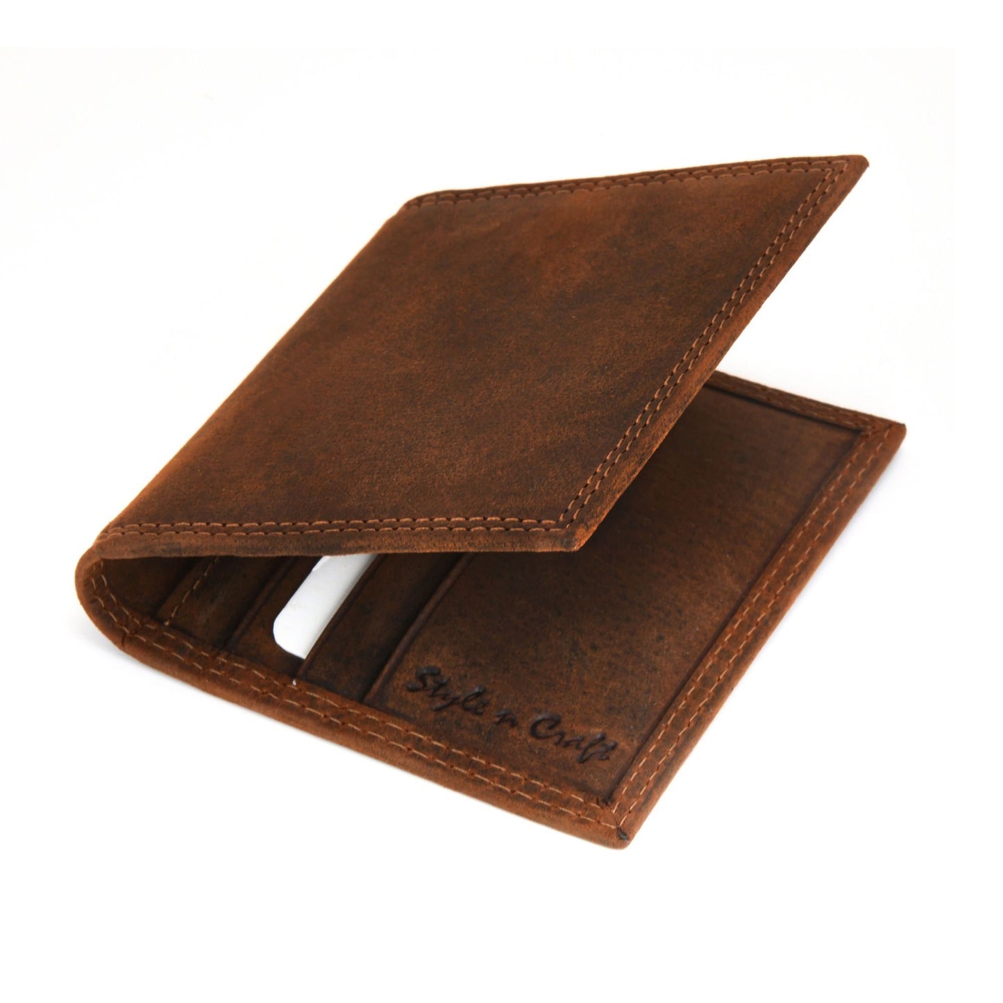 Style n Craft 300703-BR Credit Card / Business Card Case in Brown Leather with Vintage like 2 Tone Effect & Double Stitching on the outside. It has RFID Protection. Closed Angled View - Picture of Wallet in a Lighter Shade