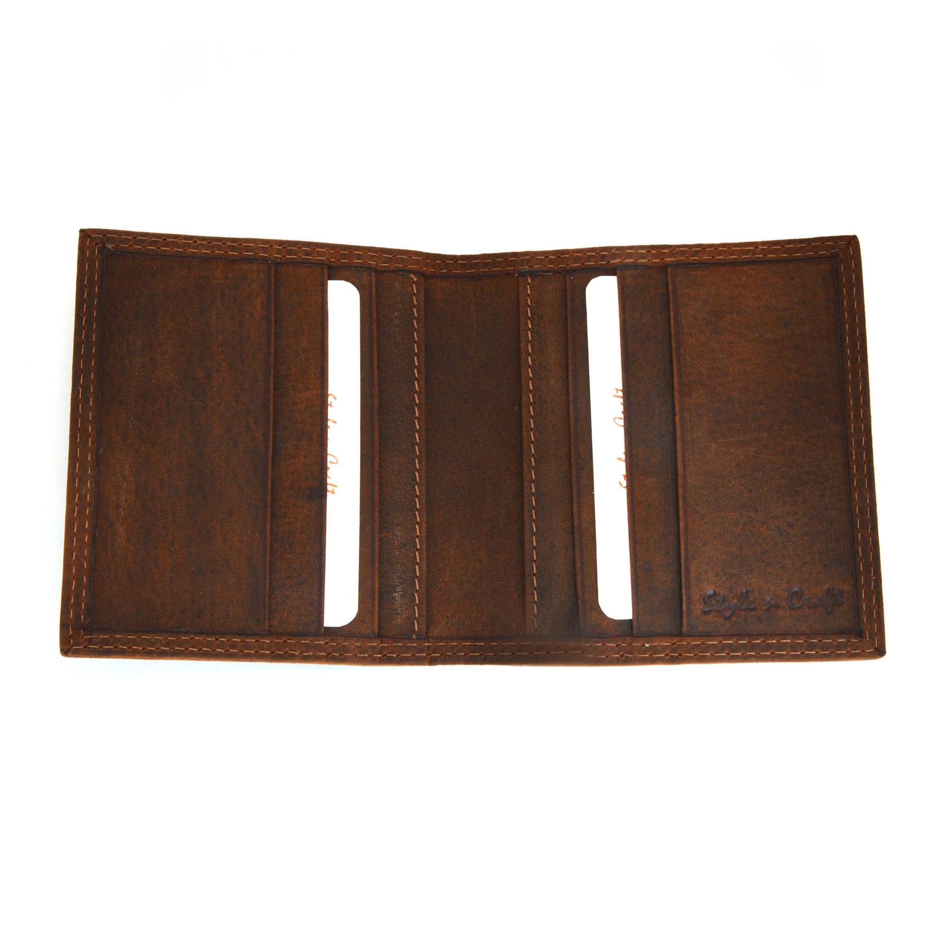 Style n Craft 300703-BR Credit Card / Business Card Case in Brown Leather with Vintage like 2 Tone Effect & Double Stitching on the outside. It has RFID Protection. Open View Showing the Interior Pockets - Picture of the Wallet in a Lighter Shade