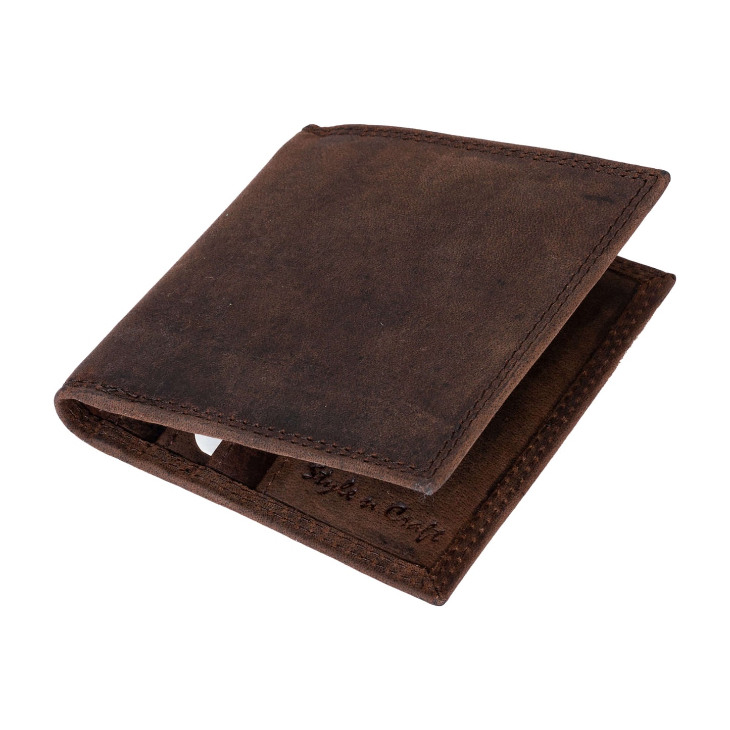 Style n Craft 300703-BR Credit Card / Business Card Case in Brown Leather with Vintage like 2 Tone Effect & Double Stitching on the outside. It has RFID Protection. Closed Angled View