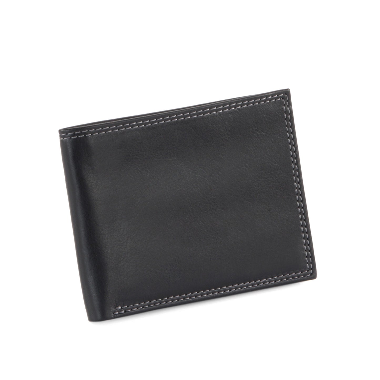 Style n Craft's Slim bi-fold wallet in black full grain grain leather with contrast color double stitching on the outside - closed front view