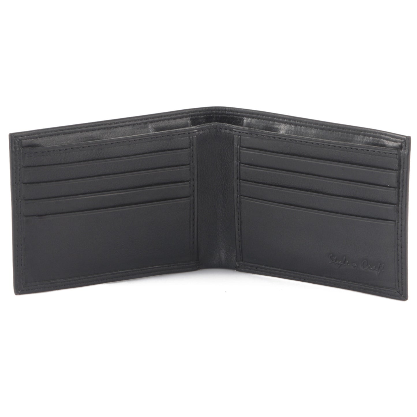 Style n Craft 300720-BL Slim bi-fold wallet in black top grain leather - open view