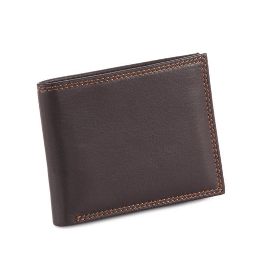 Style n Craft's 300720-BR Slim bi-fold wallet in brown full grain grain leather with contrast color double stitching on the outside - closed front view