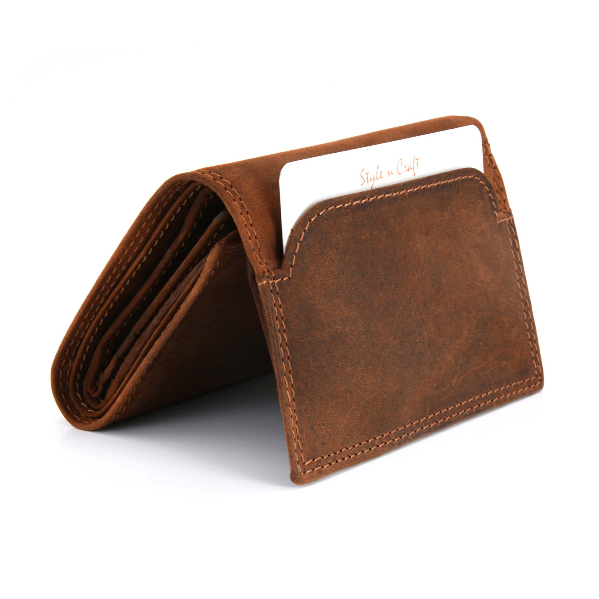 Style n Craft 300790-BR Trifold Wallet in Leather - brown color - closed view - front angled view showing outside pocket