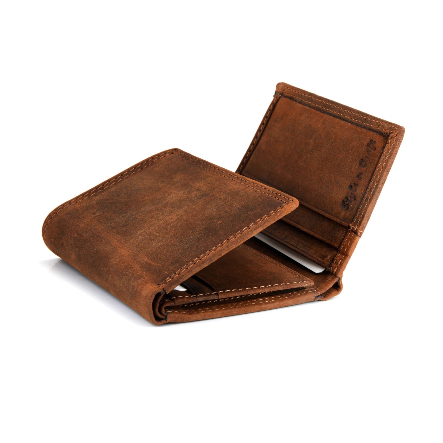 Style n Craft 300790-BR Trifold Wallet in Leather - brown color - half open view - front angled profile view