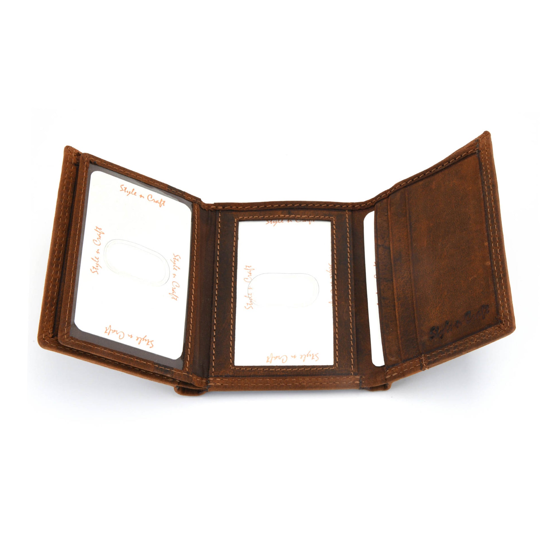 Style n Craft 300790-BR Trifold Wallet in Leather - brown color - open view - front showing 2 ID pockets