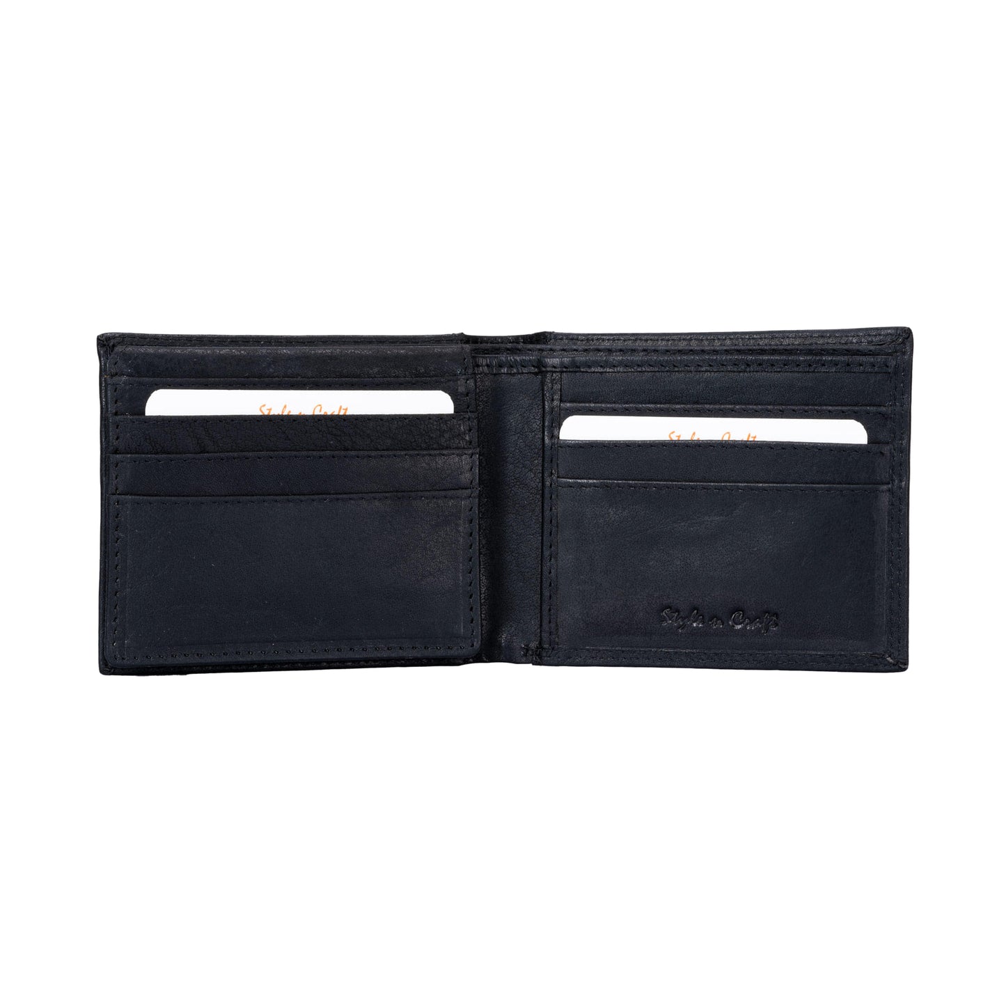Style n Craft 300796-BL Bi-Fold Pass Case Wallet with Flap in Full Grain Leather - black color - open view 1
