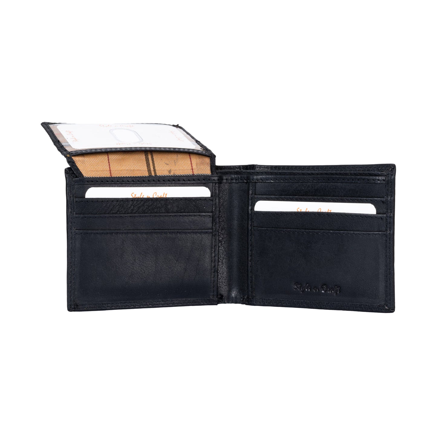 Style n Craft 300796-BL Bi-Fold Pass Case Wallet with Flap in Full Grain Leather - black color - open view 2 showing the open flap with ID window and 3 credit card pockets below