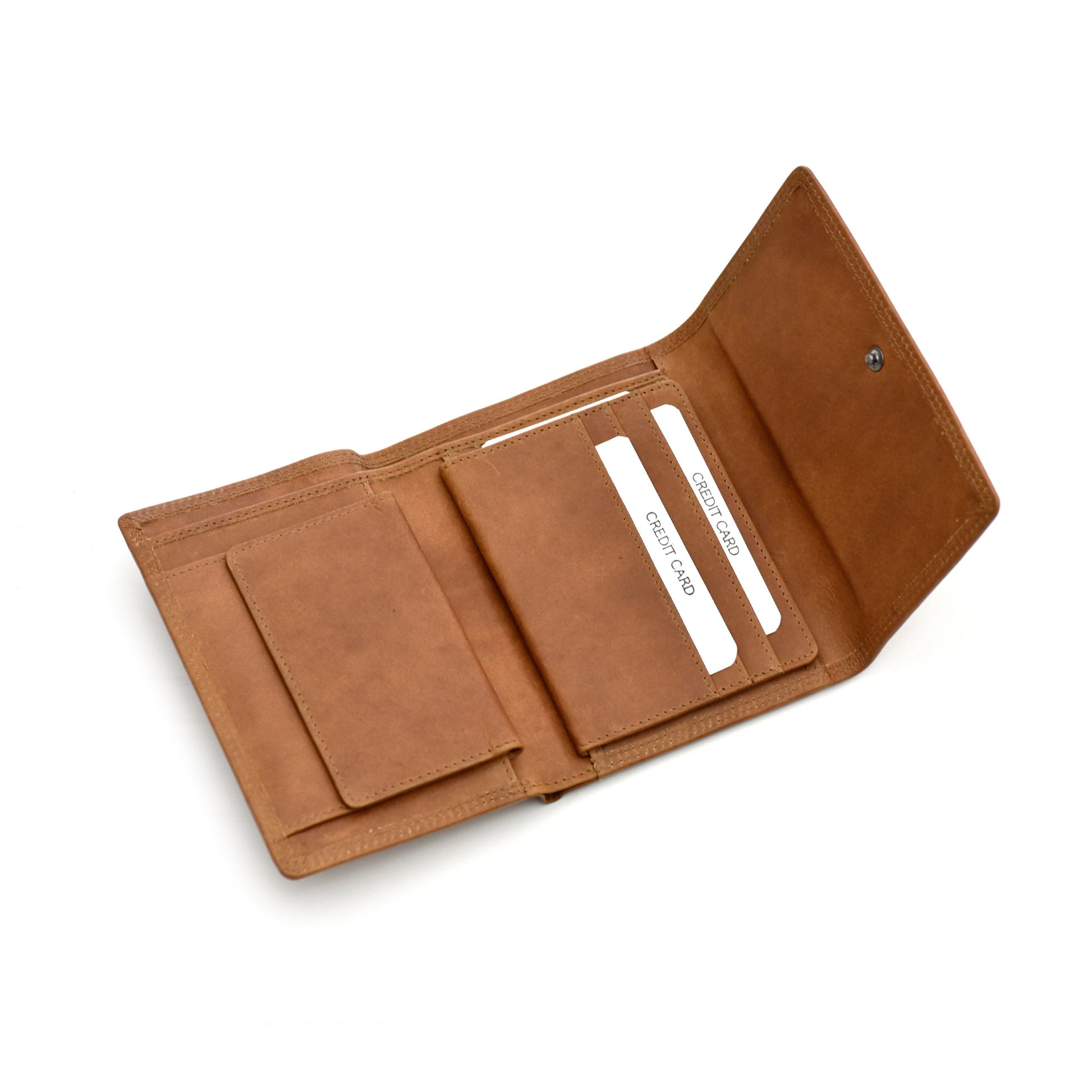 Style n Craft 300799-CG Ladies Trifold Leather Wallet with Snap Button Closure - Cognac Color - Open Angled View 1