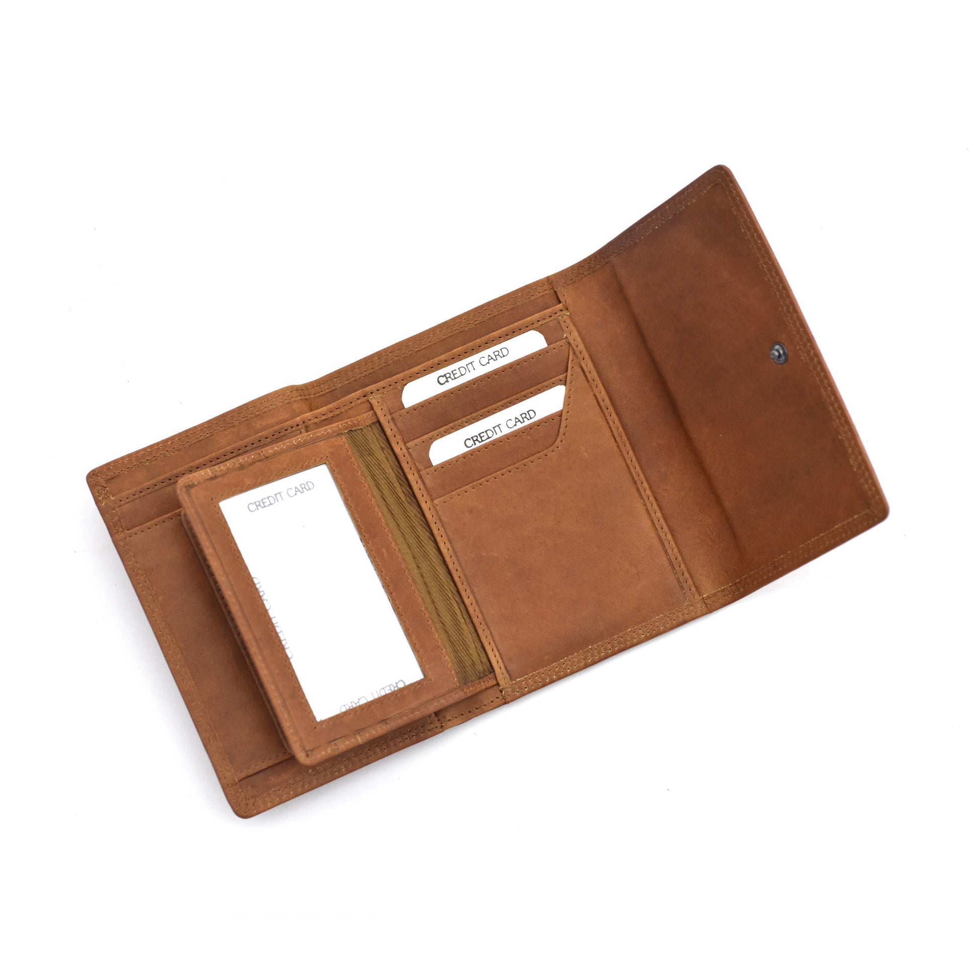 Style n Craft 300799-CG Ladies Trifold Leather Wallet with Snap Button Closure - Cognac Color - Open Angled View 2