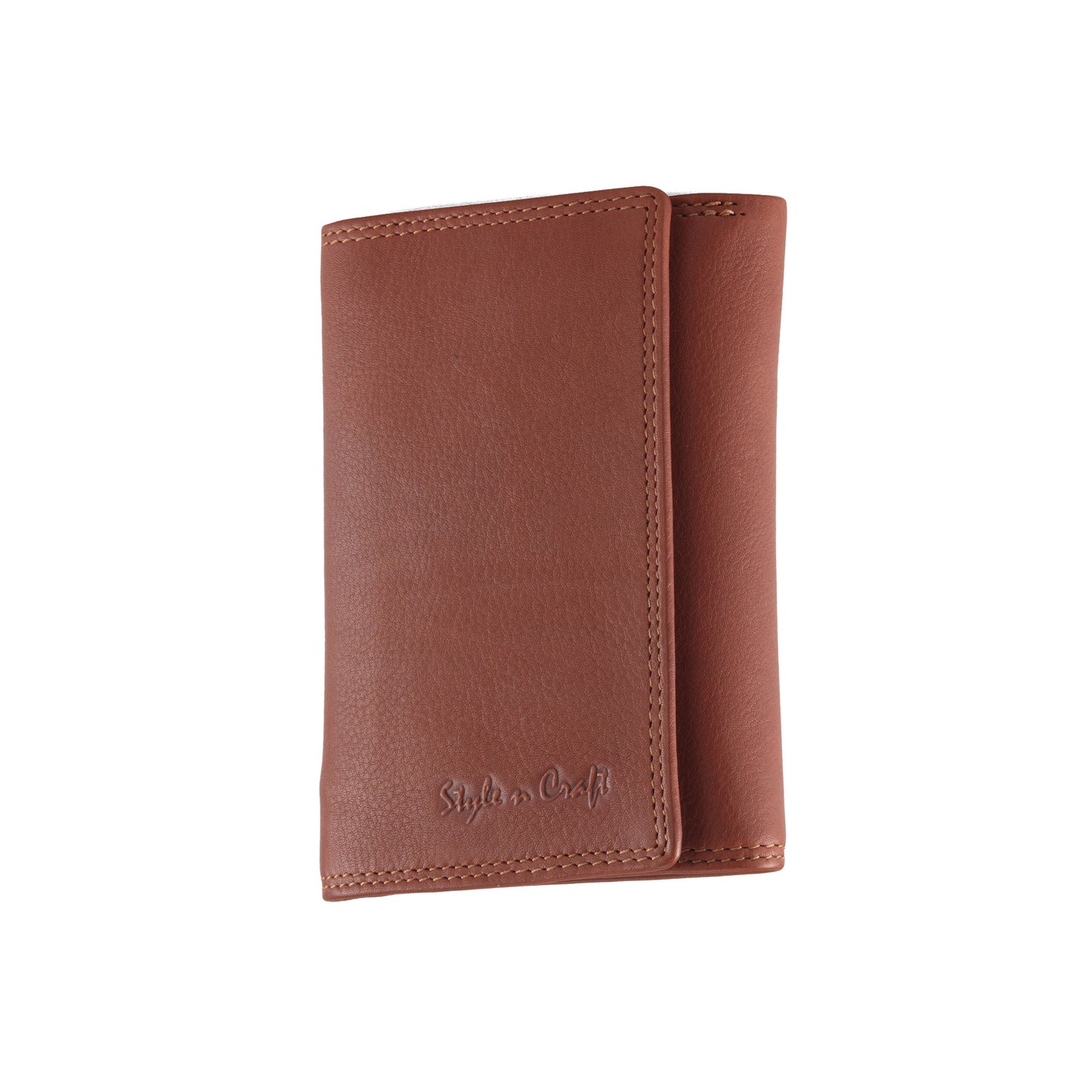 Style n Craft 300799-CG Ladies Trifold Leather Wallet with Snap Button Closure - Cognac Color - Front Angled View Closed