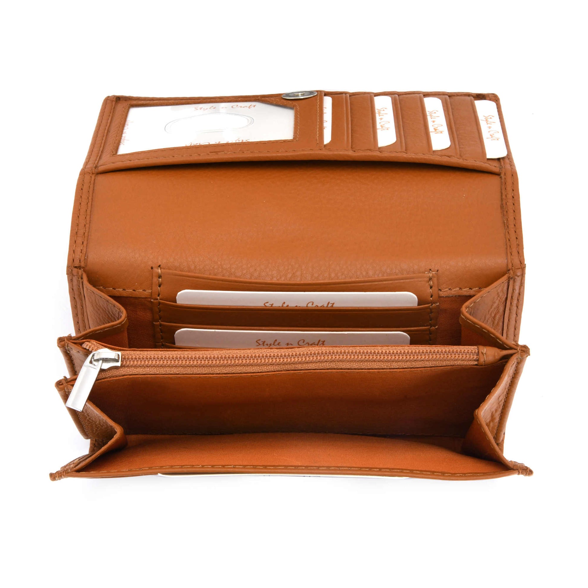 Style n Craft 300953-CG Ladies Clutch Wallet in Leather in Tan Color with RFID Protection - Front Open Straight Picture Showing Detailed Inside View