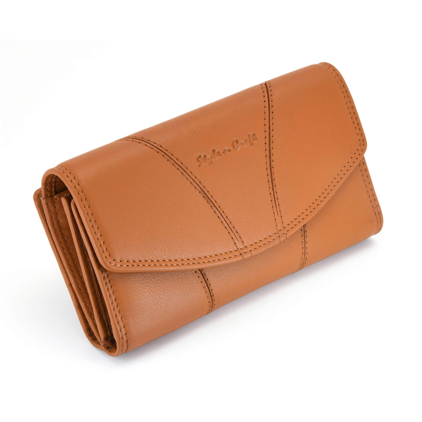 Style n Craft 300954-CG Clutch Wallet for Ladies in Cow Leather - Tan Color - Front Closed Angled View