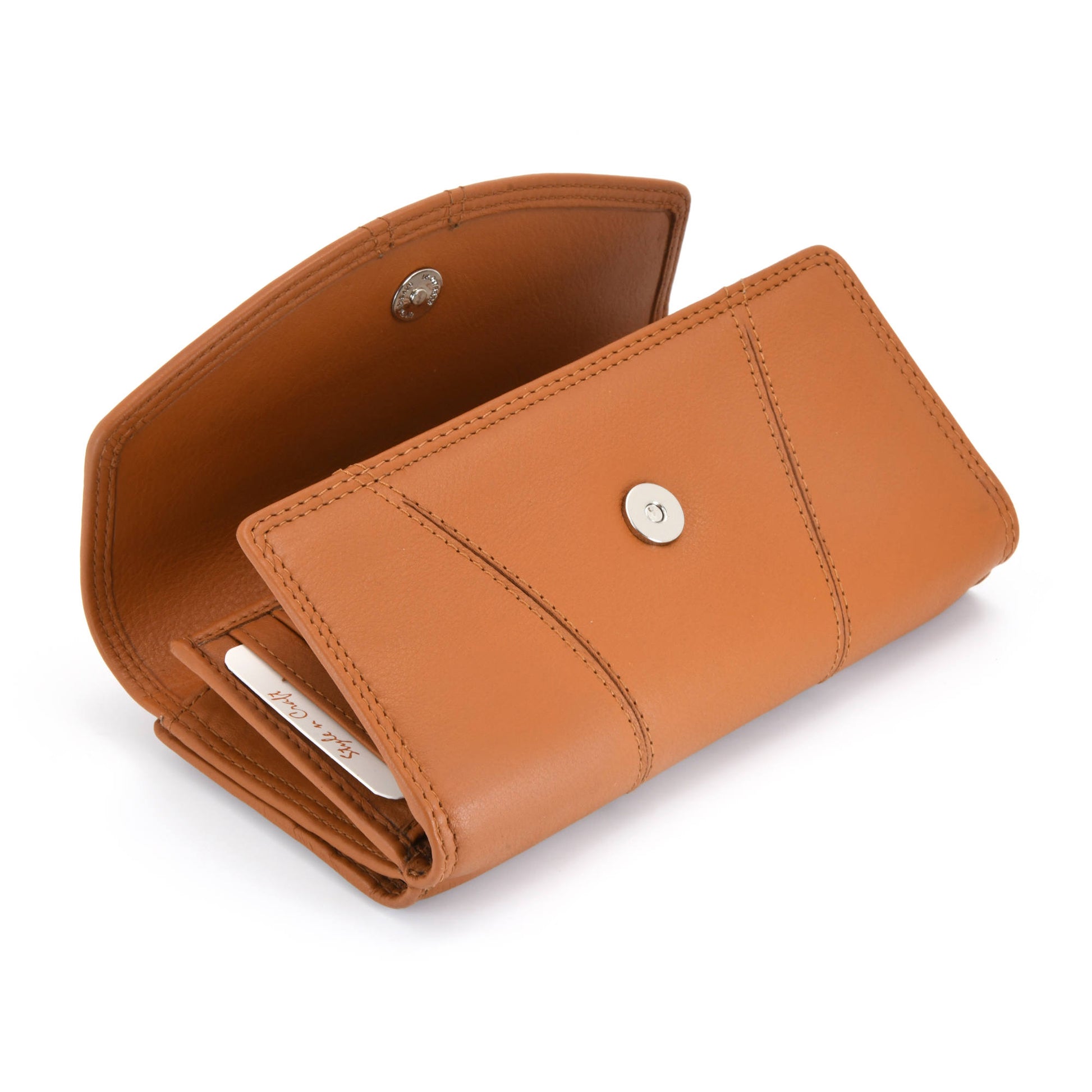Style n Craft 300954-CG Clutch Wallet for Ladies in Cow Leather - Tan Color - Front Half Opened Angled View