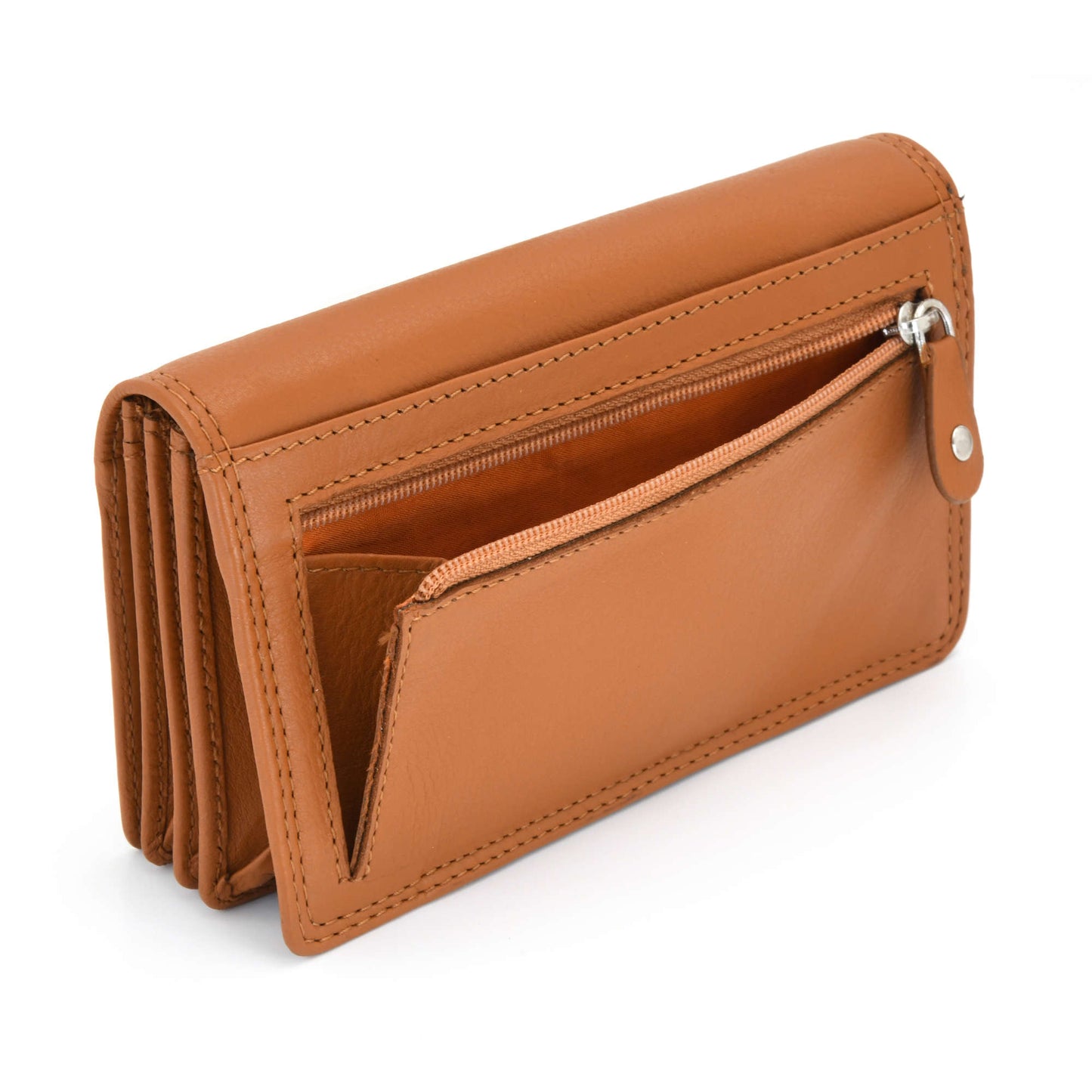 Style n Craft - 300956 Ladies Clutch Wallet in Leather - tan color - angled back view showing zipper pocket