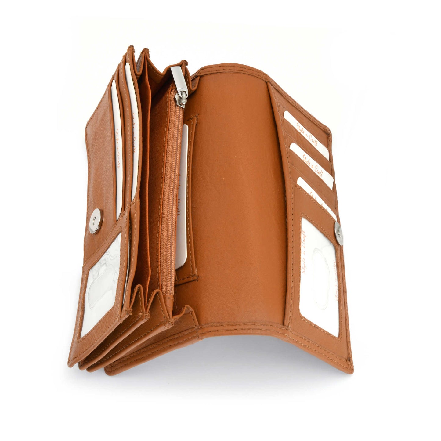 Style n Craft - 300956 Ladies Clutch Wallet in Leather - tan color - open view showing interior pockets