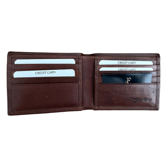 Style n Craft 301722 slim bifold wallet in dark tan or brandy color leather with 2 tone effect - open view
