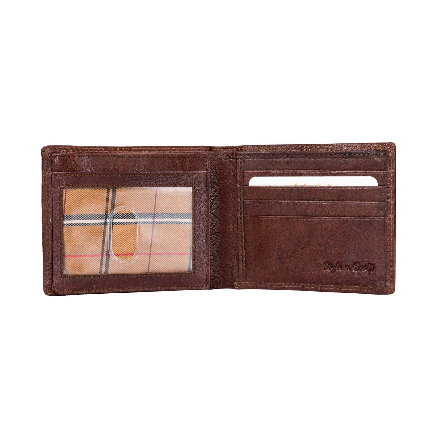 Style n Craft 301766 bifold wallet with side flap in dark brown color vintage leather with 2 tone effect - open view