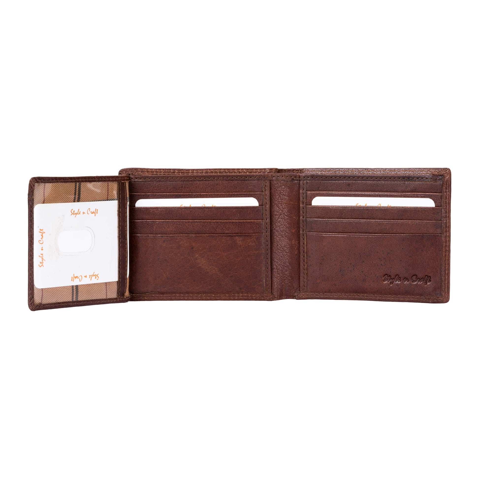 Style n Craft 301766 bifold wallet with side flap in dark brown color vintage leather with 2 tone effect - open view with side flap open to show the 2nd ID window & the credit card pockets behind the flap
