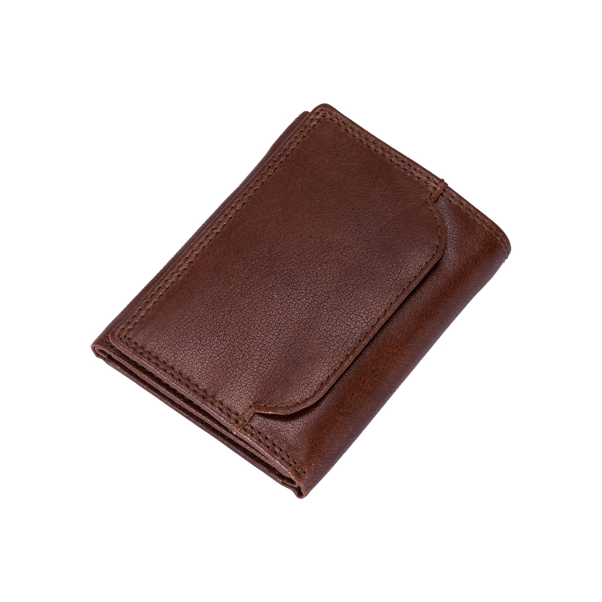 Style n Craft 301791 Trifold Wallet in Vintage Full Grain Leather - brown color - front angled view  showing the outside pocket