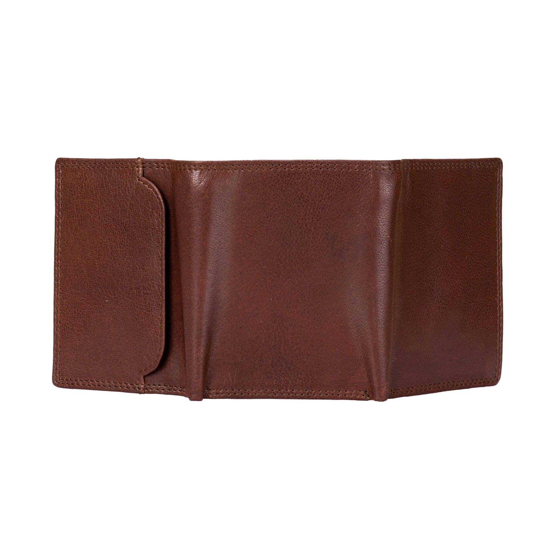 Style n Craft 301791 Trifold Wallet in Vintage Full Grain Leather - brown color - open view  of the outside of the wallet showing the outside pocket & the double stitching