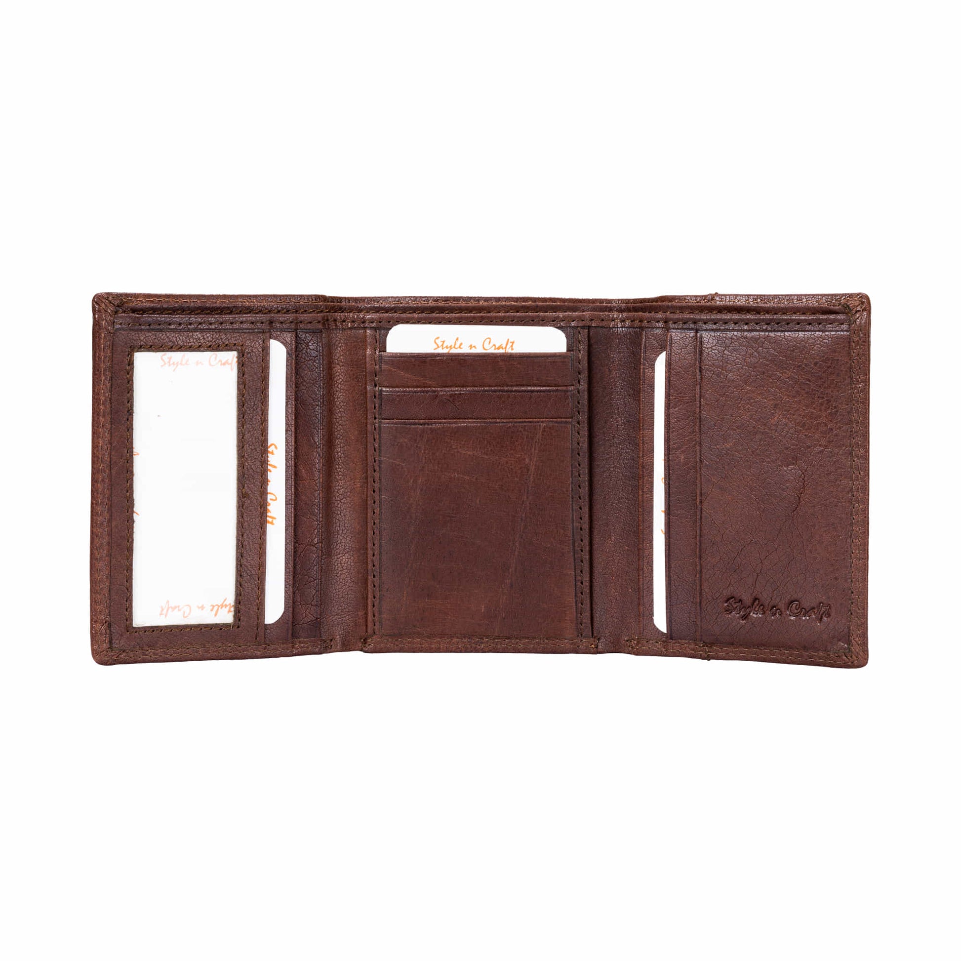 Style n Craft 301791 Trifold Wallet in Vintage Full Grain Leather - brown color - inside open view of the wallet showing the credit card pockets & the ID window