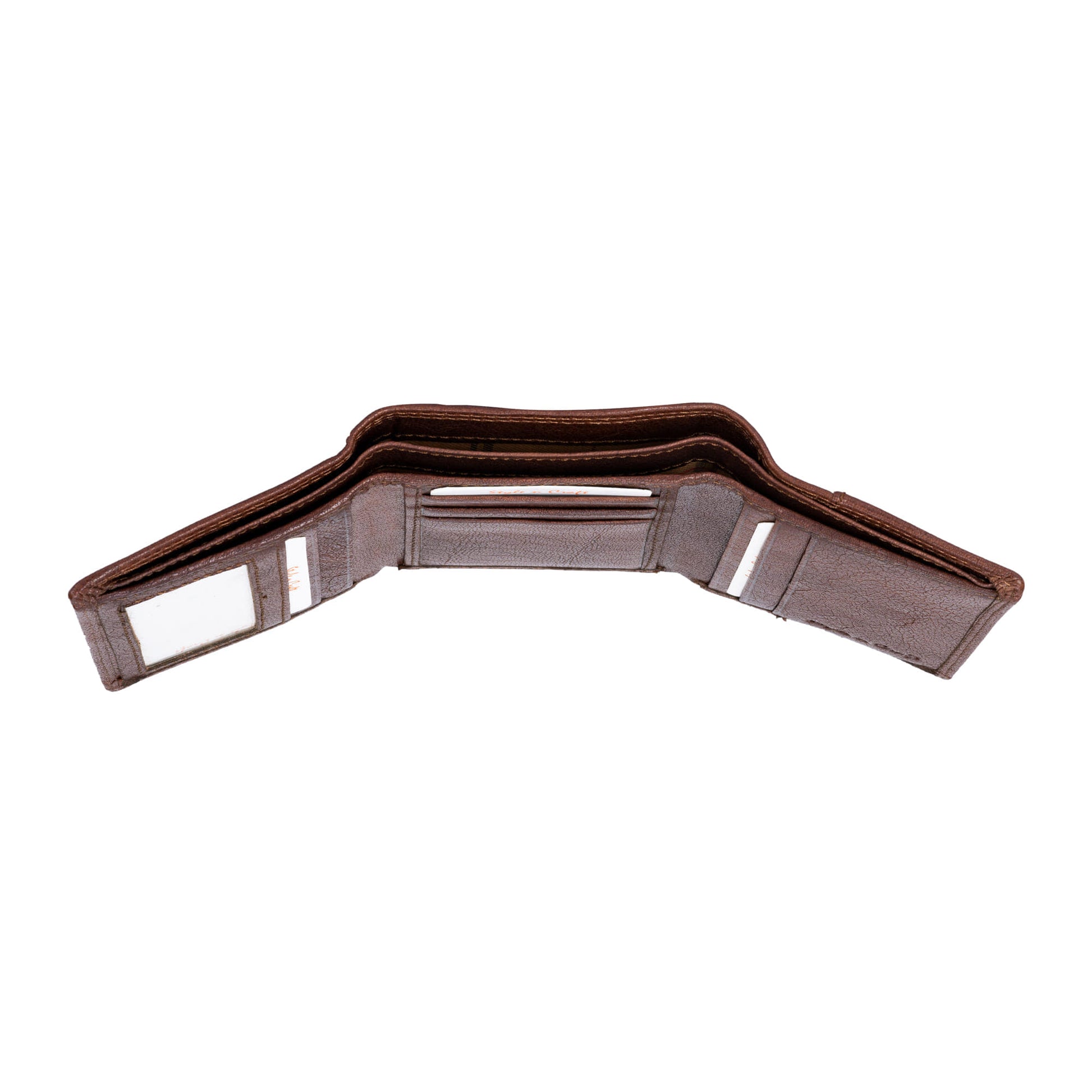 Style n Craft 301791 Trifold Wallet in Vintage Full Grain Leather - brown color - open wallet top view showing the 2 currency compartments