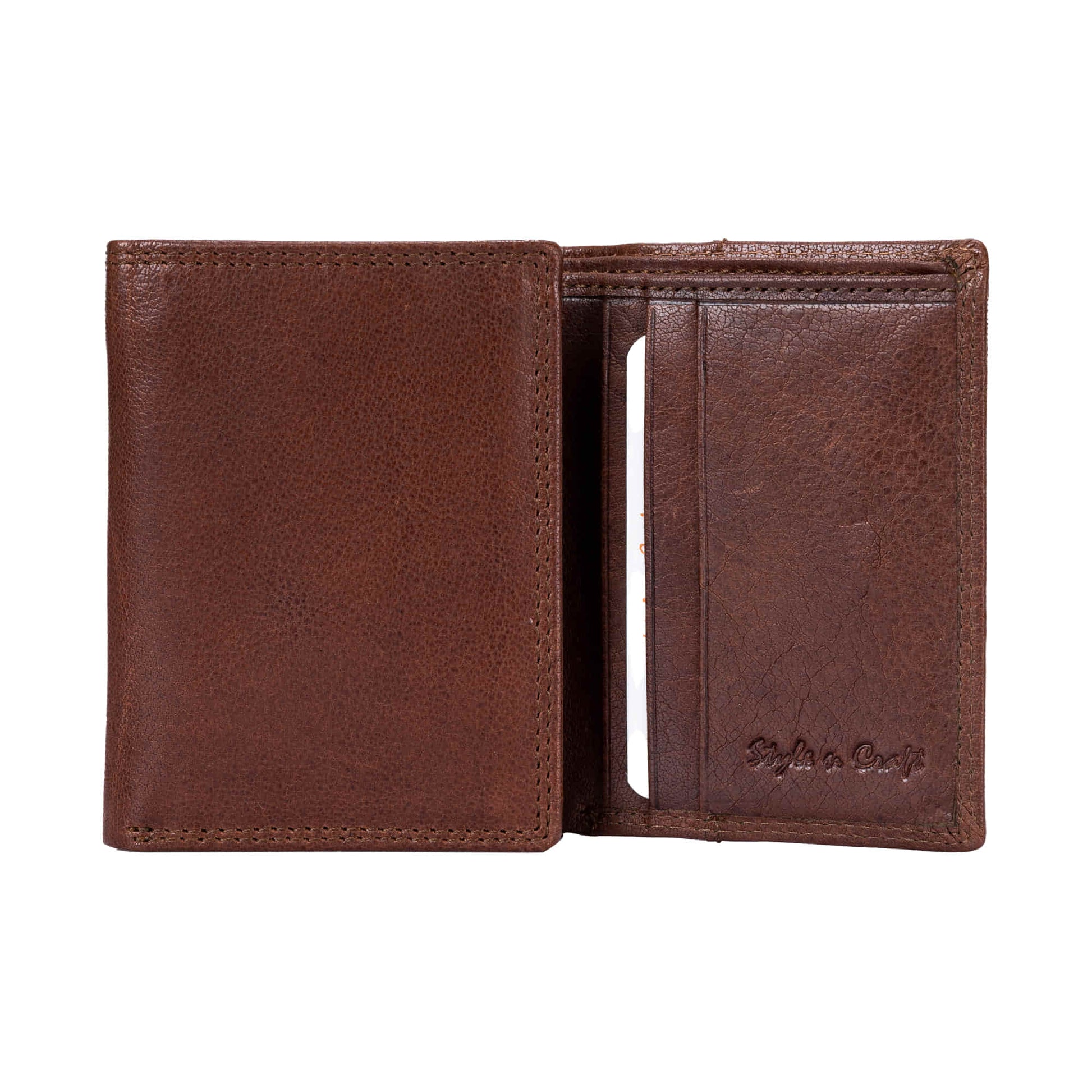 Style n Craft 301791 Trifold Wallet in Vintage Full Grain Leather - brown color - 1 fold open view of the trifold wallet showing the credit card pockets & the logo