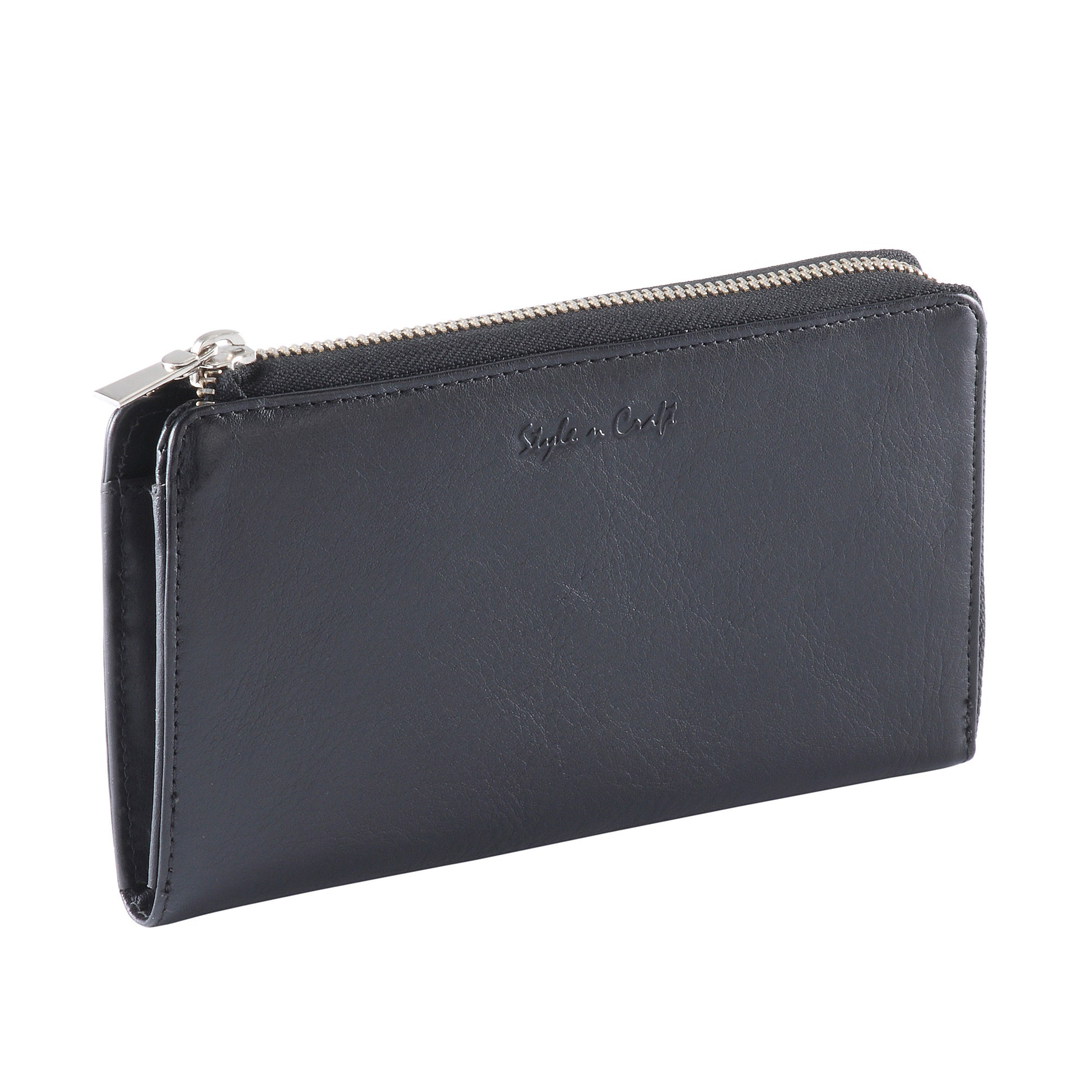 Style n Craft 301966-BL Ladies Zippered Clutch Wallet in Black Leather - front closed