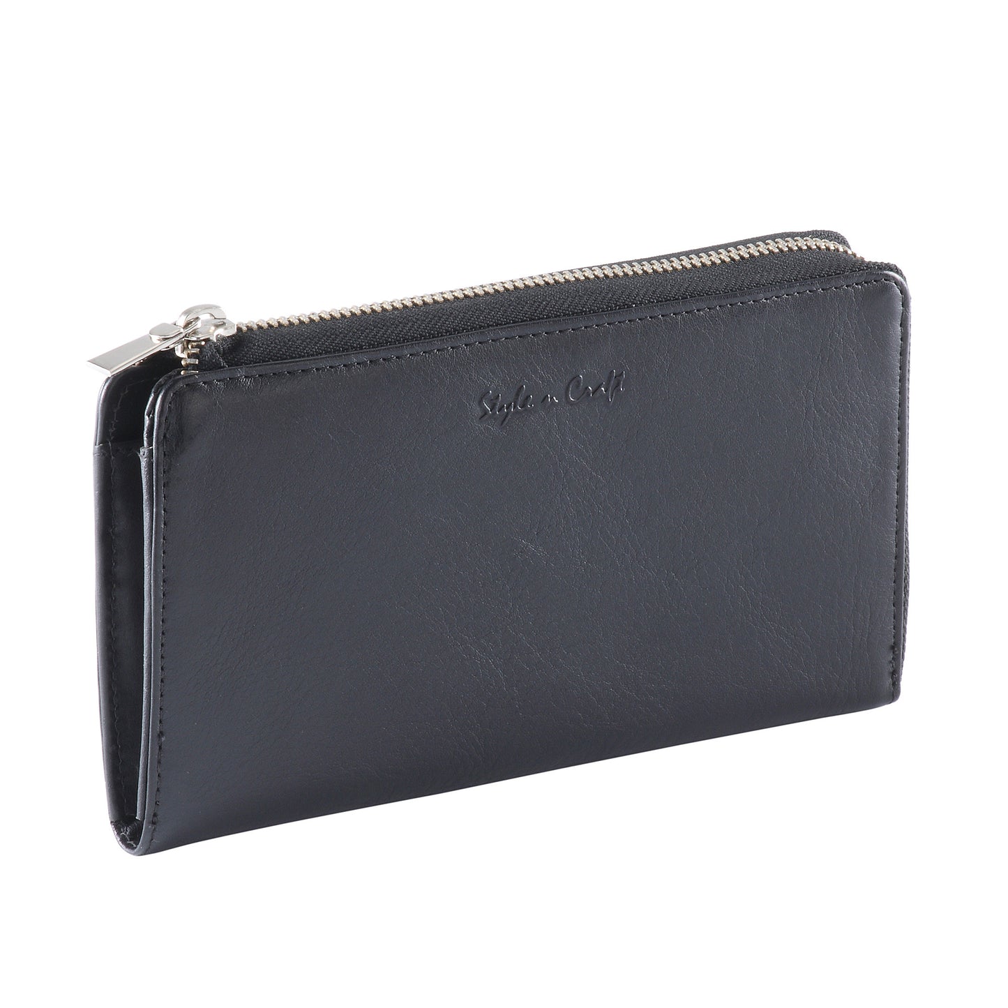 Style n Craft 301966-BL Ladies Zippered Clutch Wallet in Black Leather - front closed