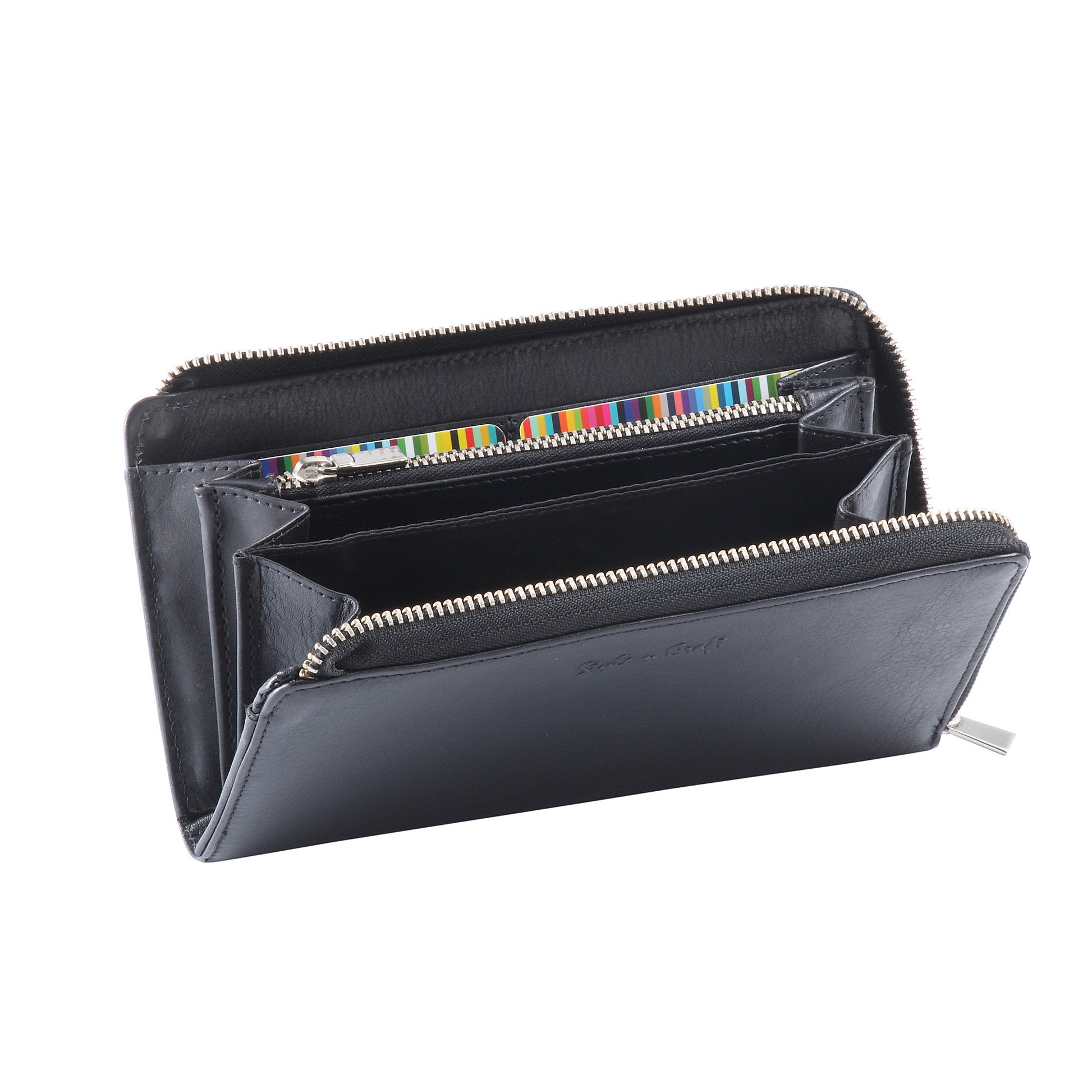 Style n Craft 301966-BL Ladies Zippered Clutch Wallet in Black Cow Leather - front open 1